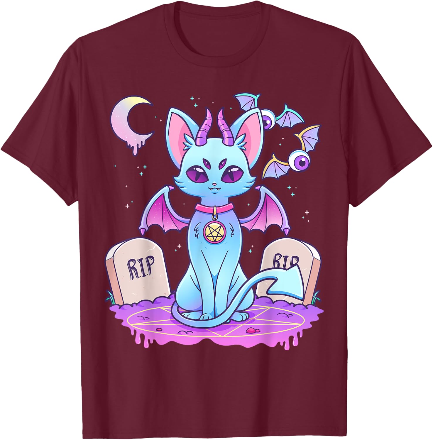 Pastel Goth Creepy Pentagram Cat Kawaii Emo Kitten Nu Goth Men Women Girls Kids T-Shirt - T-Shirt | Maroon
