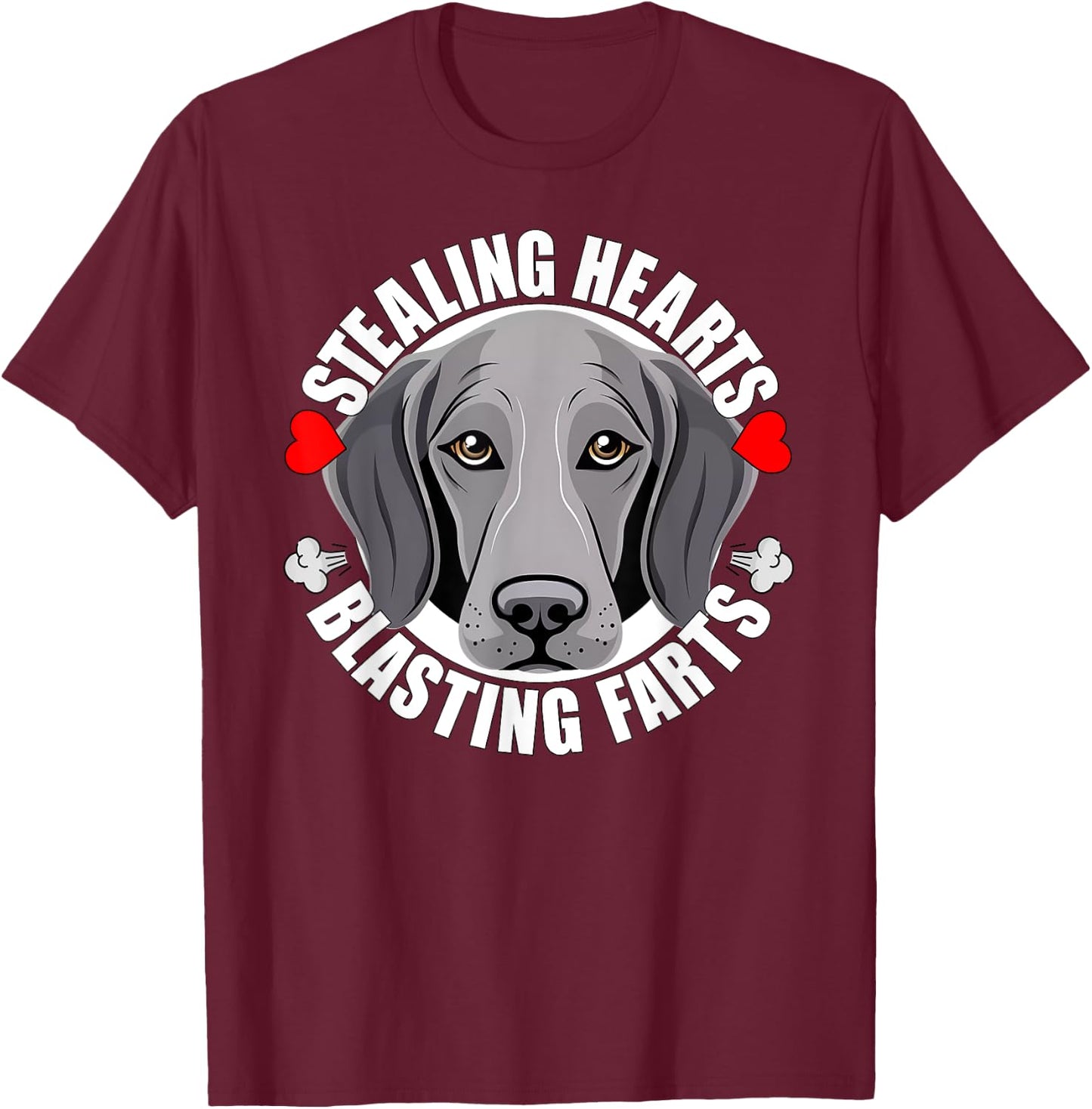 Funny Weimaraner Stealing Hearts Blasting Farts Puppy Dog T-Shirt - T-Shirt | Maroon