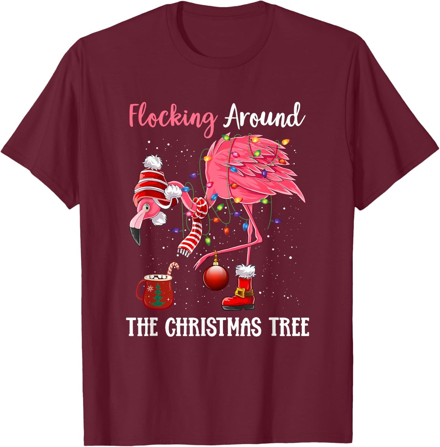 Flocking Around The Christmas Tree Xmas Pjs Pink Flamingo T-Shirt - T-Shirt | Maroon
