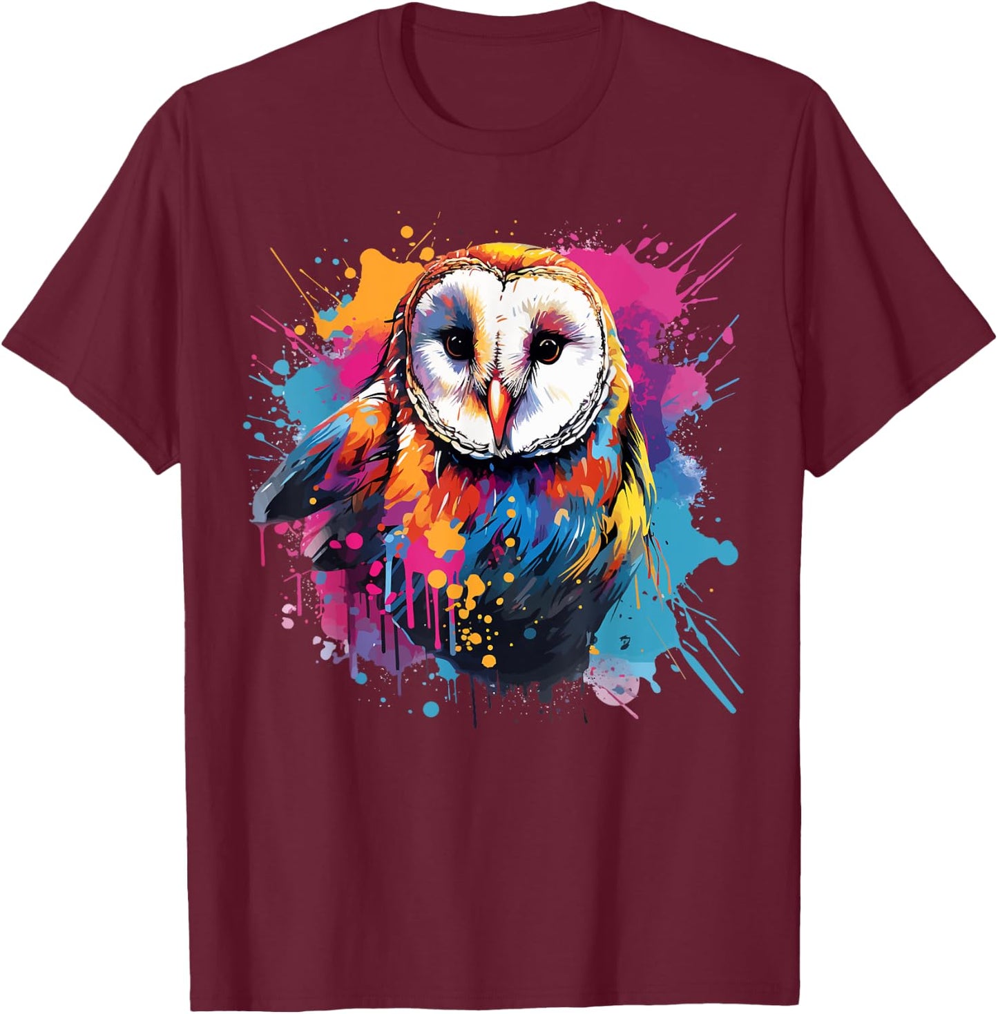 Splash Art Owls Lover Colorful Barn Owl T-Shirt - T-Shirt | Maroon