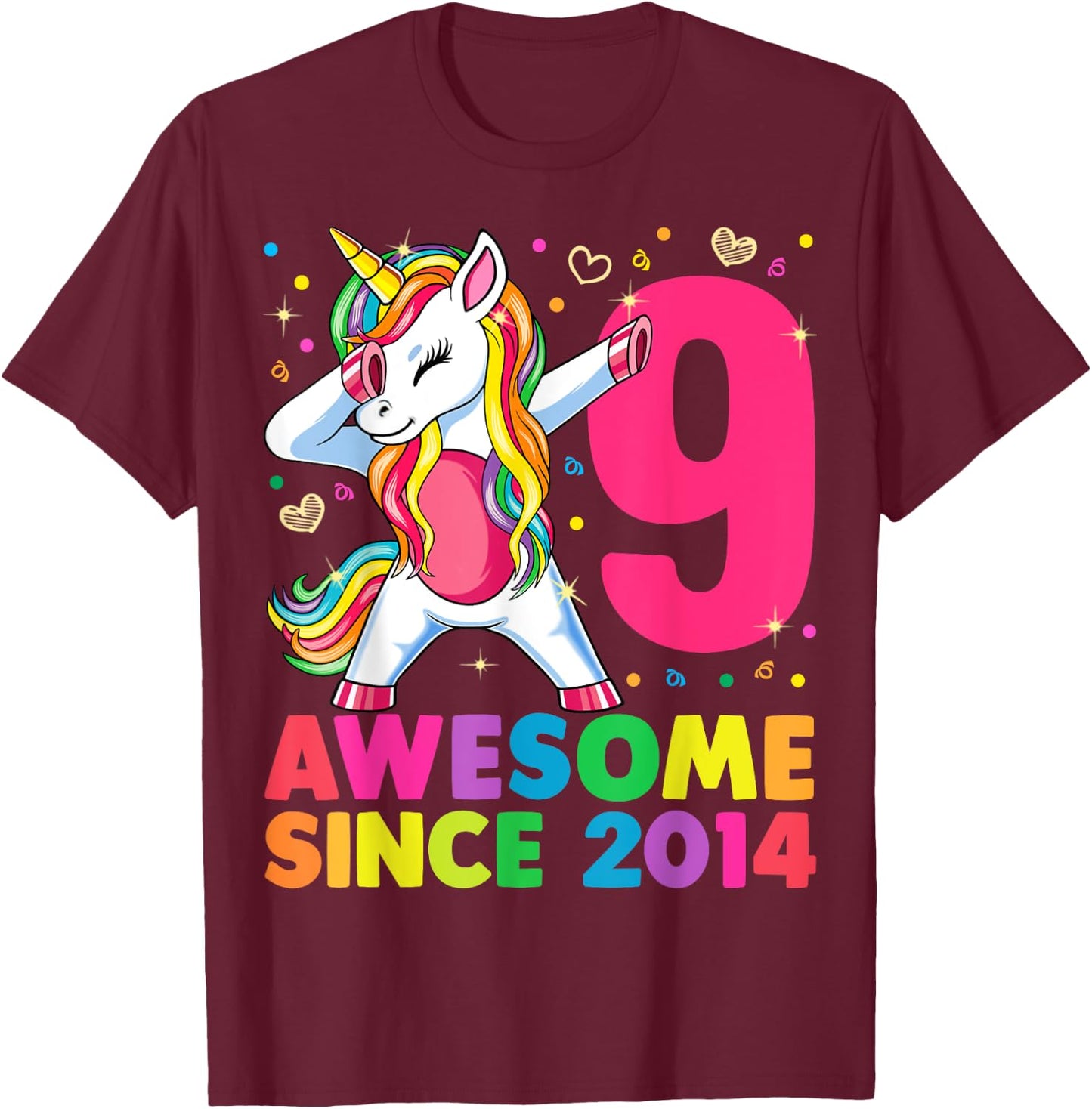 9 Years Old Unicorn Dabbing 9th Birthday Girl Unicorn Party T-Shirt - T-Shirt | Maroon