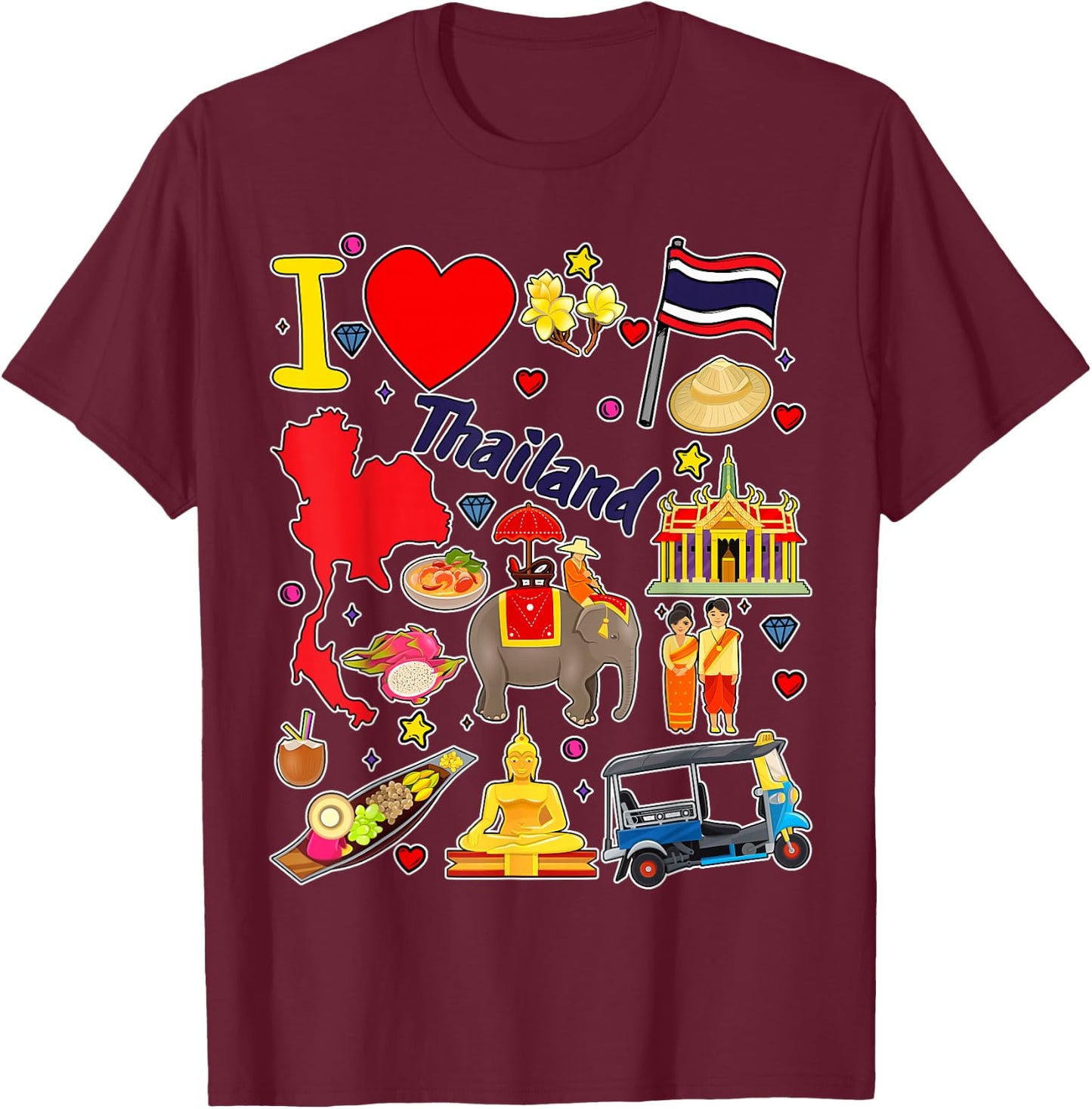 Thai hand drawn landmarks, Thailand map, Culture icons T-Shirt - T-Shirt | Maroon