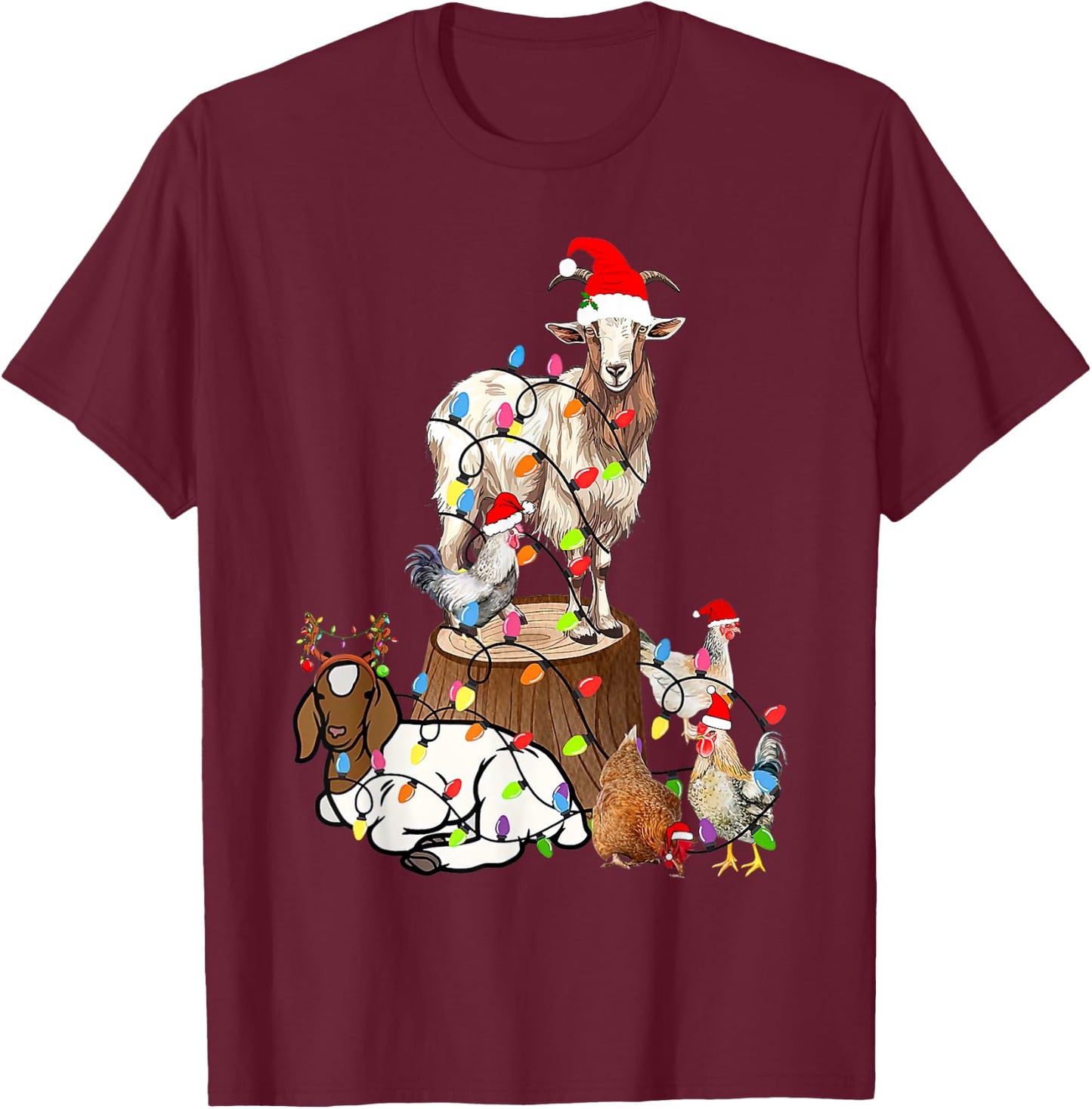 Goat Chicken Santa Hat Reindeer Funny Christmas Lights Farm T-Shirt - T-Shirt | Maroon