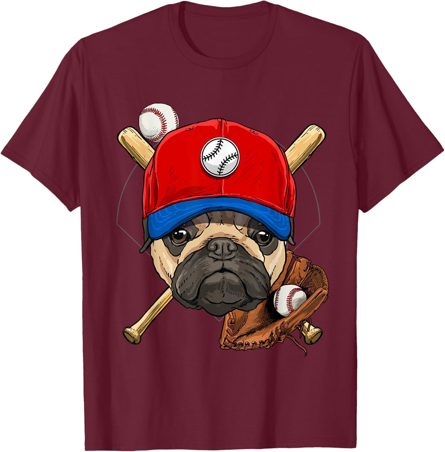 Pawsome -Adults, Kids Baseball , Black, Small, Short Sleeve, Cartoon Pug Baseball Player Applique T-Shirt - T-Shirt | Maroon