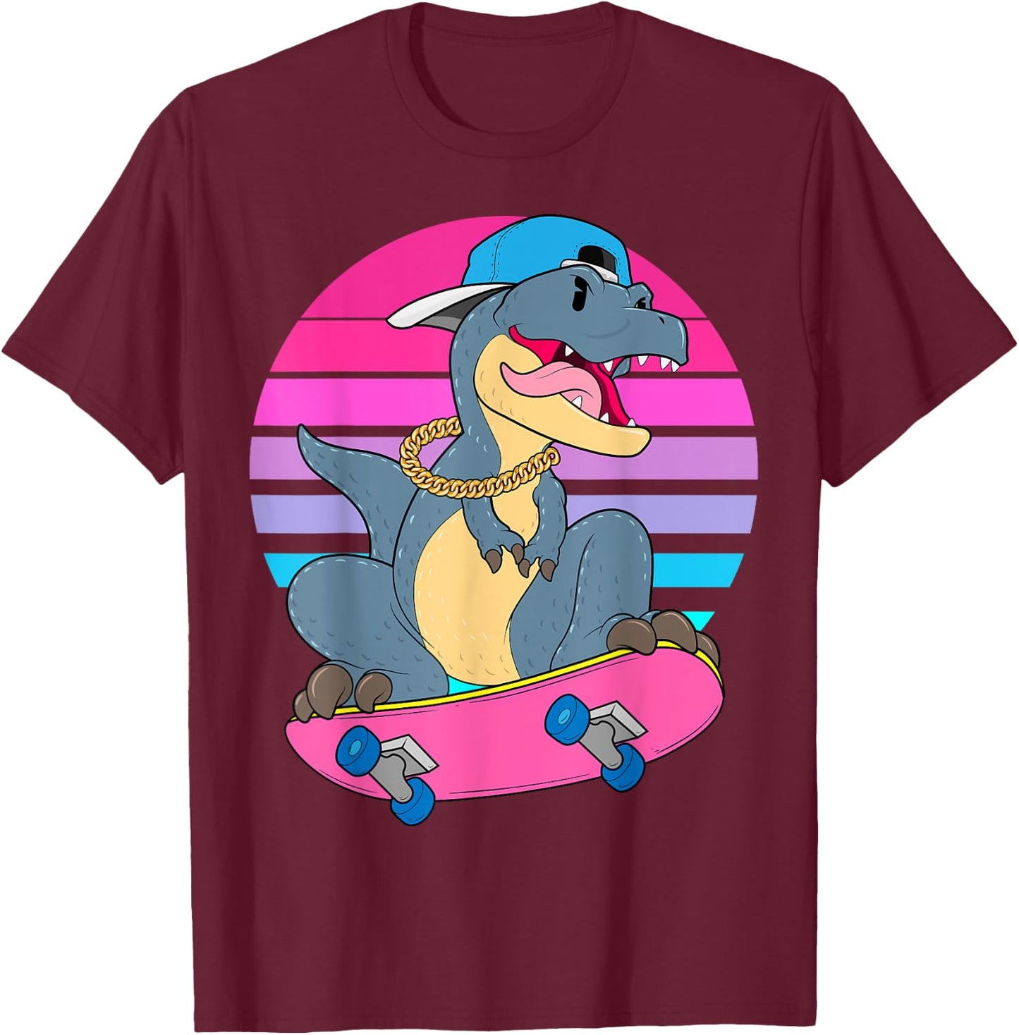 Skateboarding Dinosaur T-Rex Dino RAD Skateboard 80s Skater T-Shirt - T-Shirt | Maroon