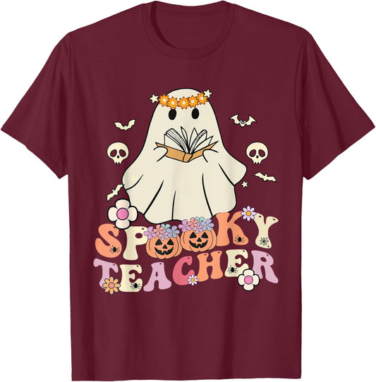 Spooky Teacher Groovy Retro Ghost Teacher Halloween 2023 Women Kids T-Shirt - T-Shirt | Maroon