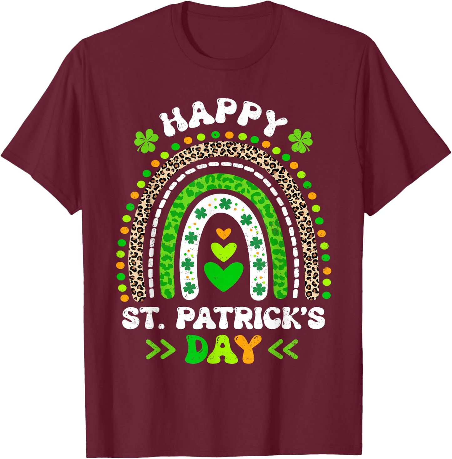 Groovy Happy St Patricks Day Leopard Rainbow Shamrock Irish T-Shirt - T-Shirt | Maroon