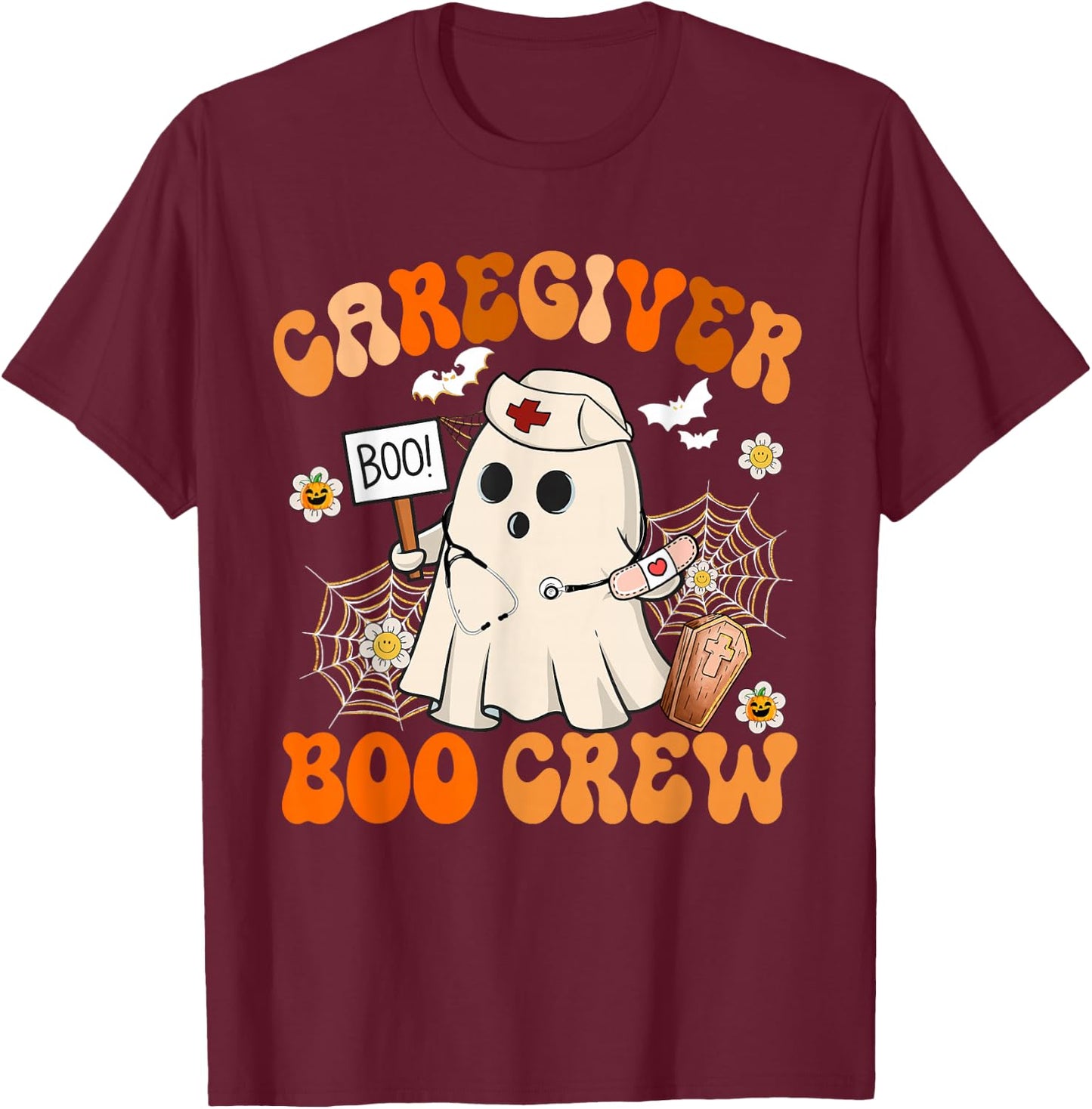 Caregiver Boo Crew Funny Ghost Halloween Costumes T-Shirt - T-Shirt | Maroon