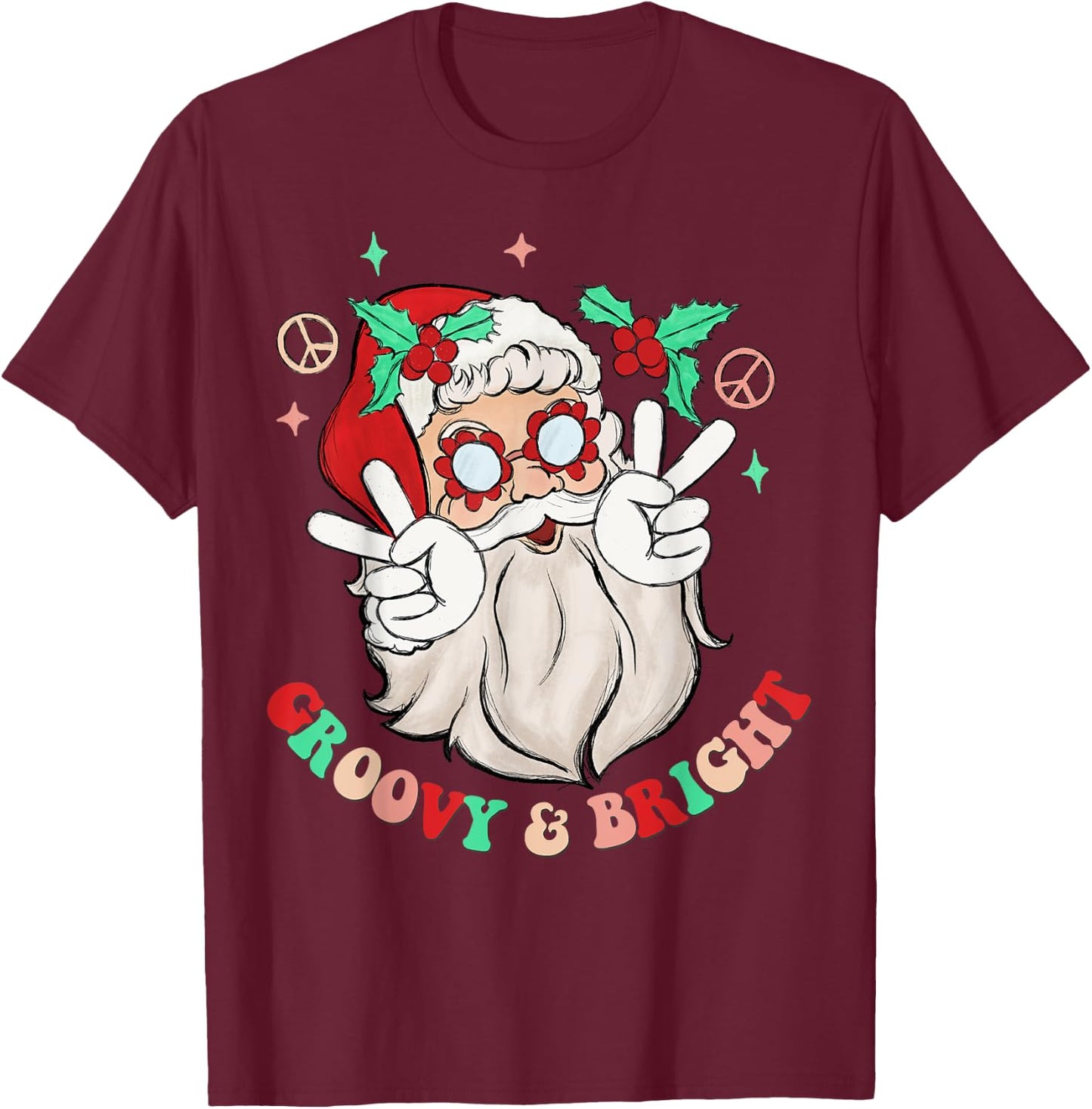 Hippie Santa Groovy Peace Sign Funny Merry Christmas T-Shirt - T-Shirt | Maroon