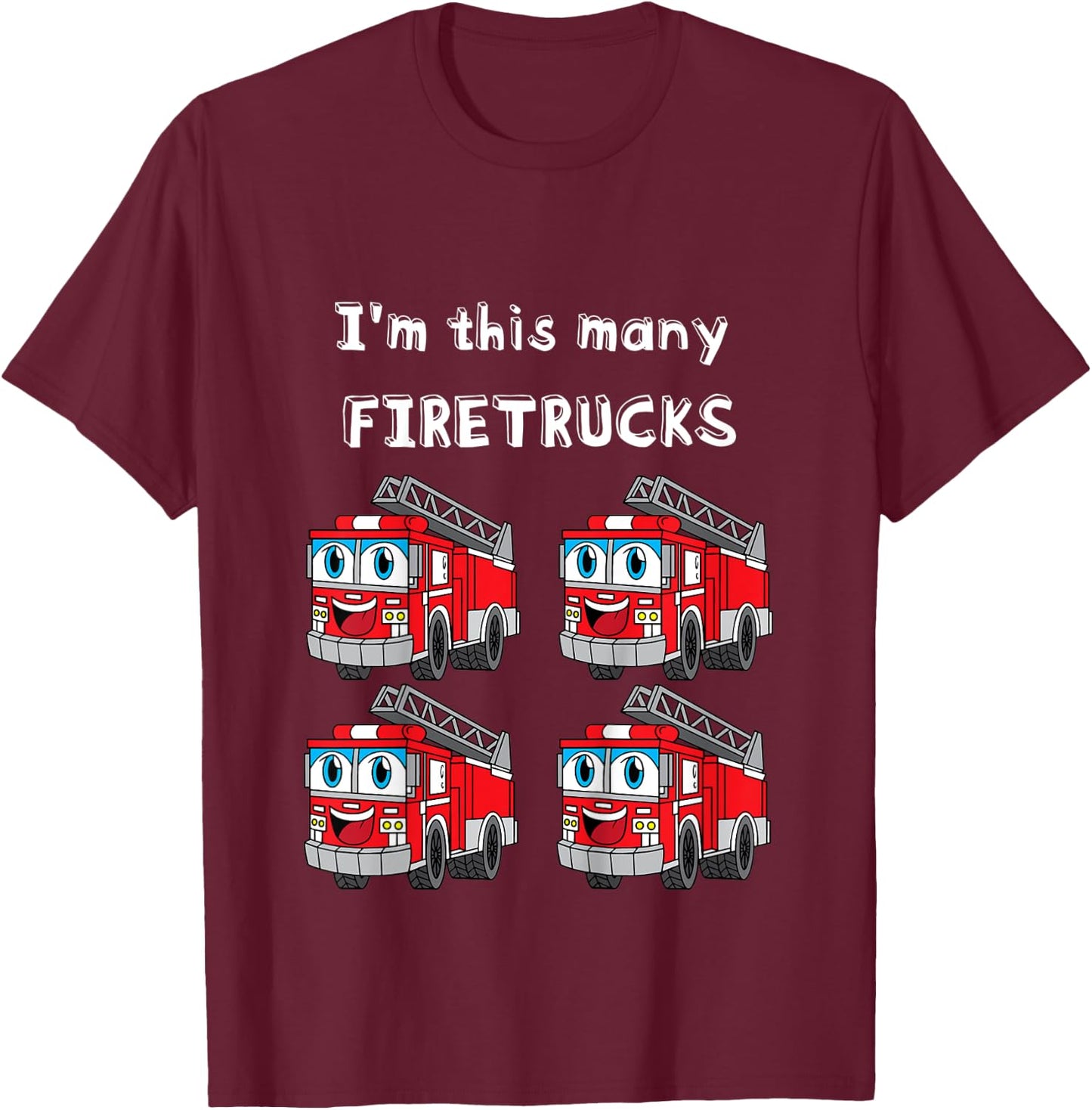 Kids Firetruck 4th Birthday I'm This Many Firetrucks 4-Year-Old T-Shirt - T-Shirt | Maroon