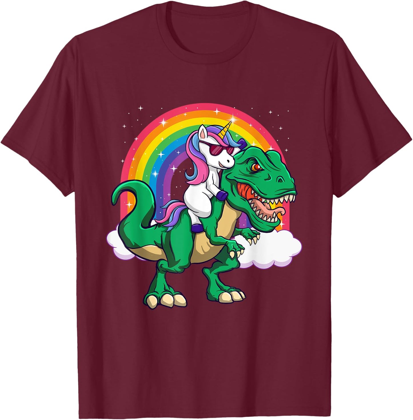Unicorn Riding Dinosaur - Mythical Animal Rainbow Unicorn T-Shirt - T-Shirt | Maroon