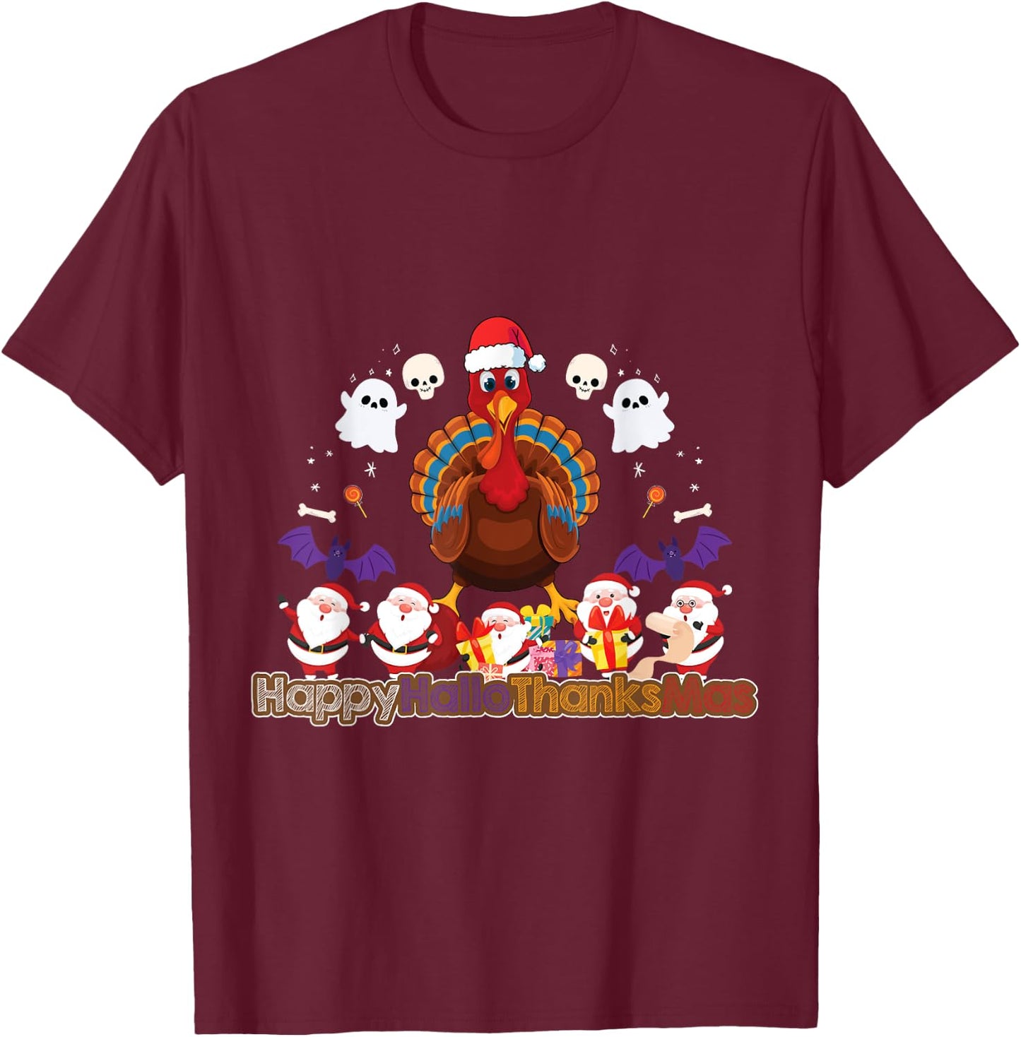Funny HalloThanksMas Turkey Santa Holiday T-Shirt - T-Shirt | Maroon