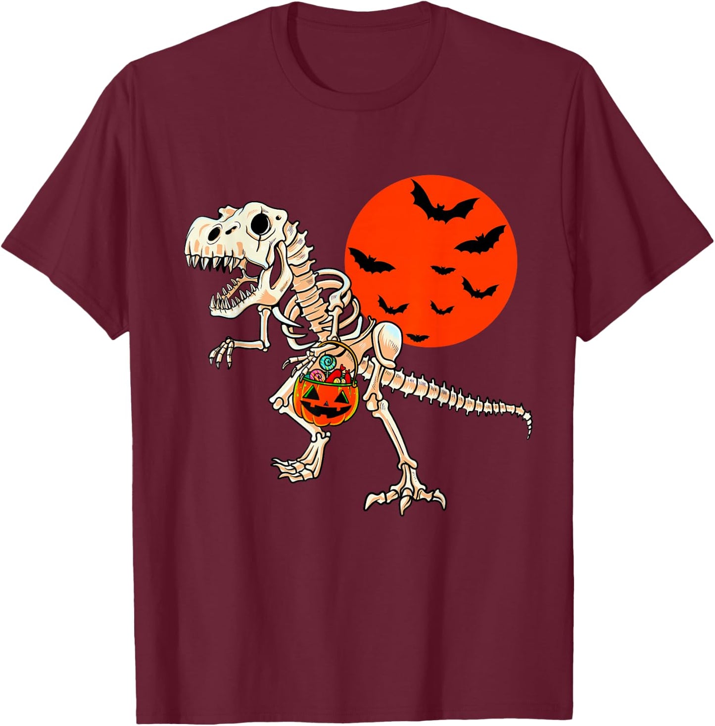 Scary Dinosaur Halloween Boys T Rex Skeleton Pumpkin Moon T-Shirt - T-Shirt | Maroon