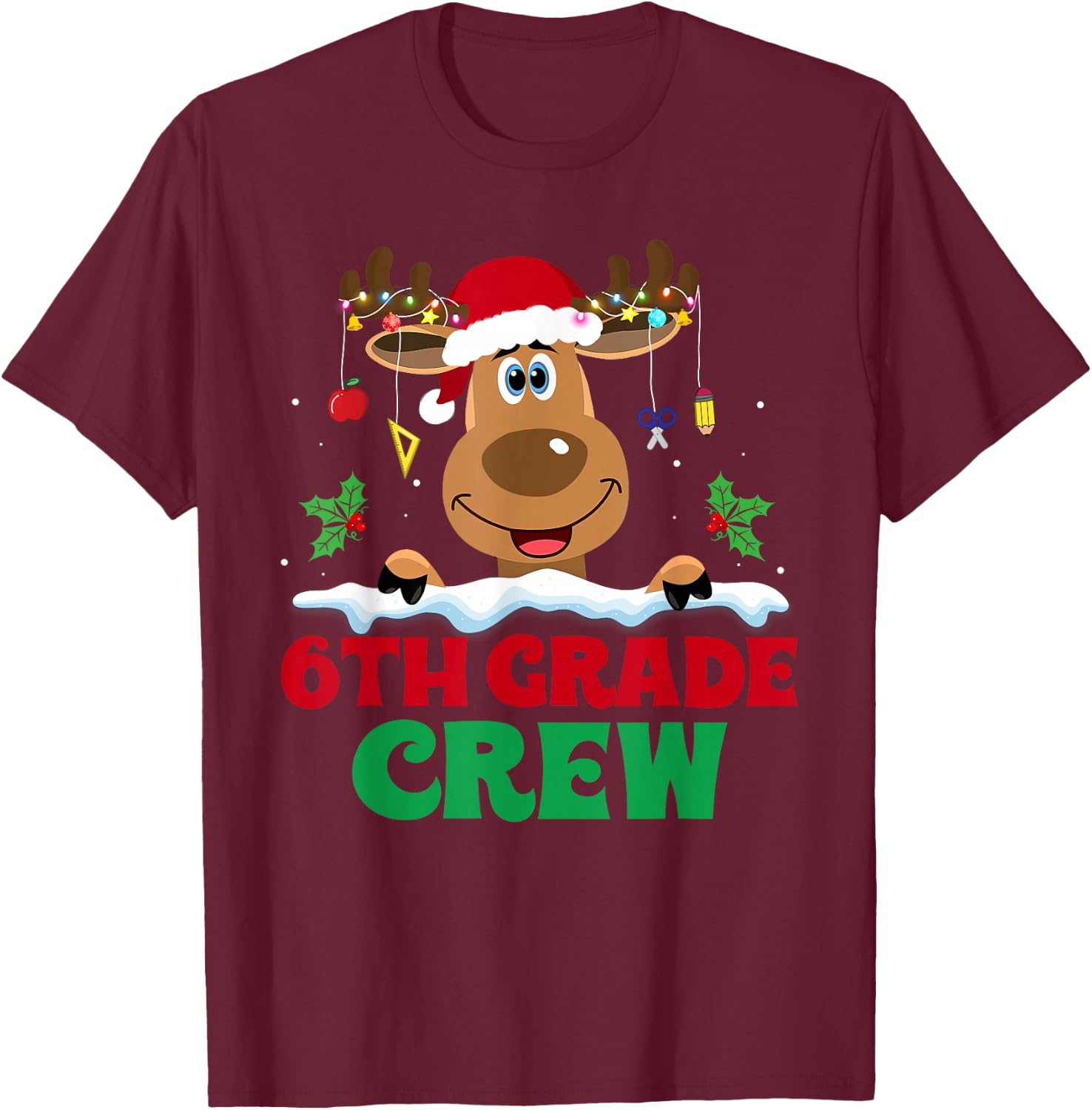6th Grade Crew Reindeer Santa Hat Funny Christmas Teacher T-Shirt - T-Shirt | Maroon
