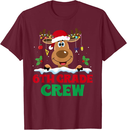 6th Grade Crew Reindeer Santa Hat Funny Christmas Teacher T-Shirt - T-Shirt | Maroon