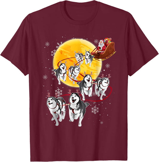 Santa Ride Sleigh Siberian Husky Christmas Dog Lover T-Shirt - T-Shirt | Maroon
