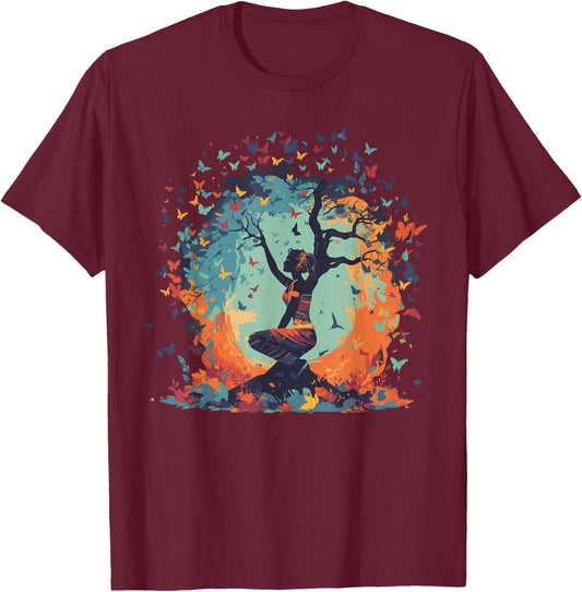 Butterfly Tree of Life Yoga T-Shirt - T-Shirt | Maroon