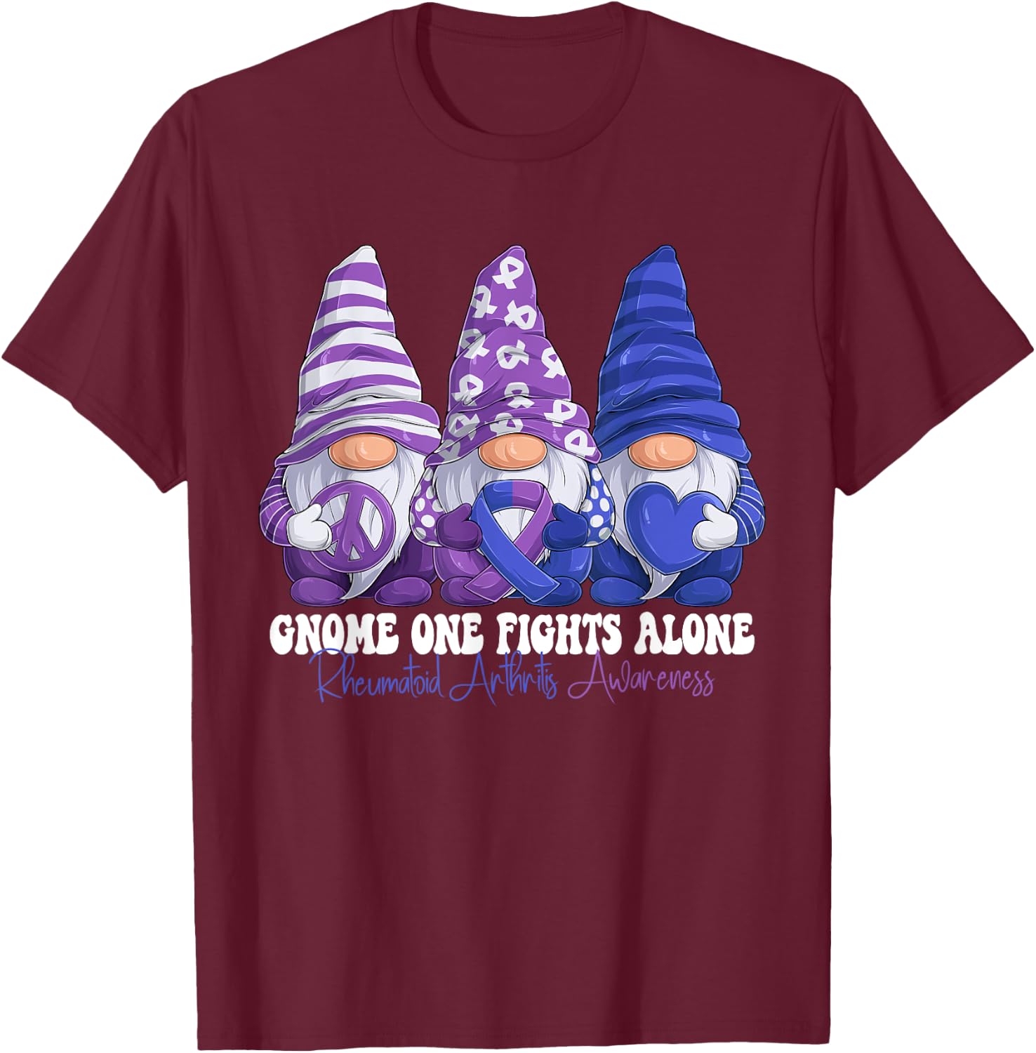 Funny Gnomies Rheumatoid Arthritis Awareness Month Ribbon T-Shirt - T-Shirt | Maroon