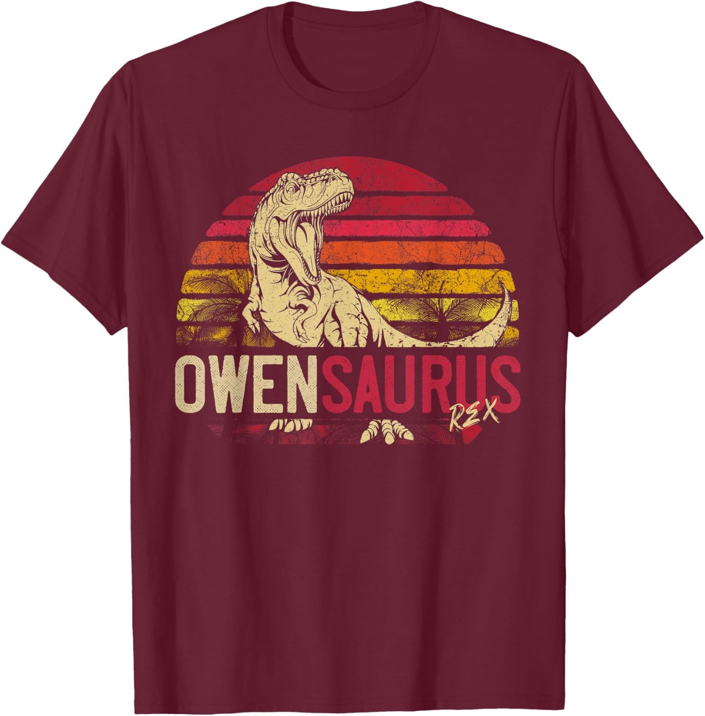 Owen Saurus Funny Personalized Dinosaur T Rex Name Boys Gift T-Shirt - T-Shirt | Maroon