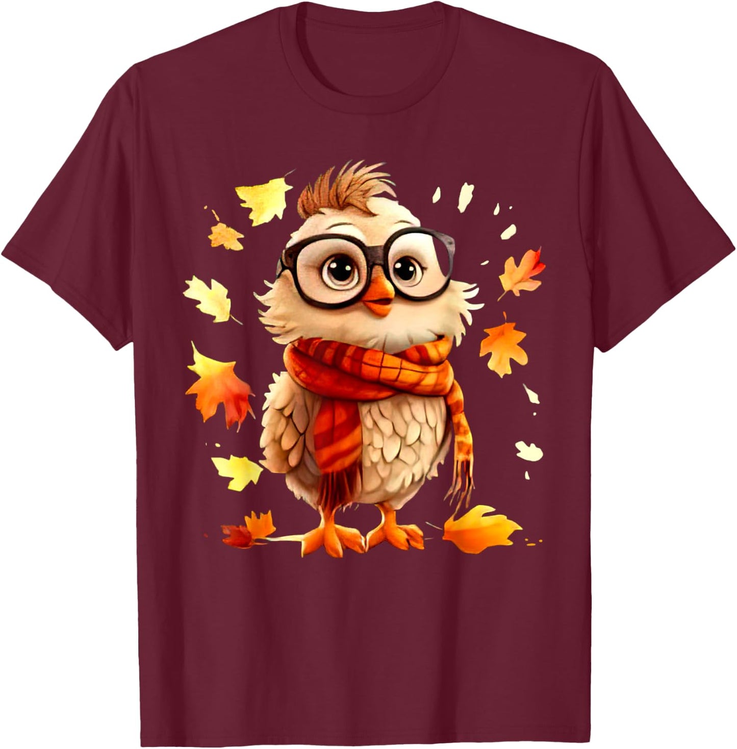 Cute Chick Fall Leaves Chicken Farm Animal Autumn T-Shirt - T-Shirt | Maroon