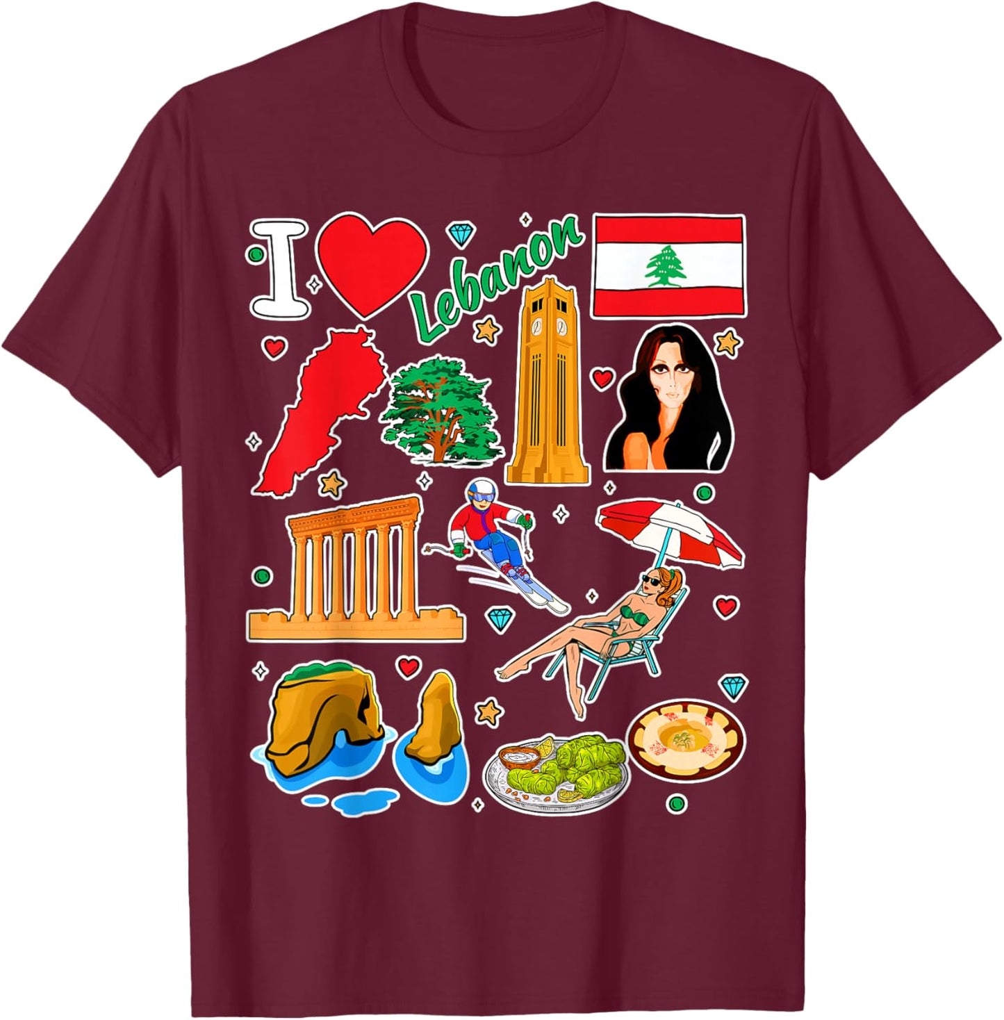 Lebanese hand drawn symbols, Lebanon map, cultural icons T-Shirt - T-Shirt | Maroon