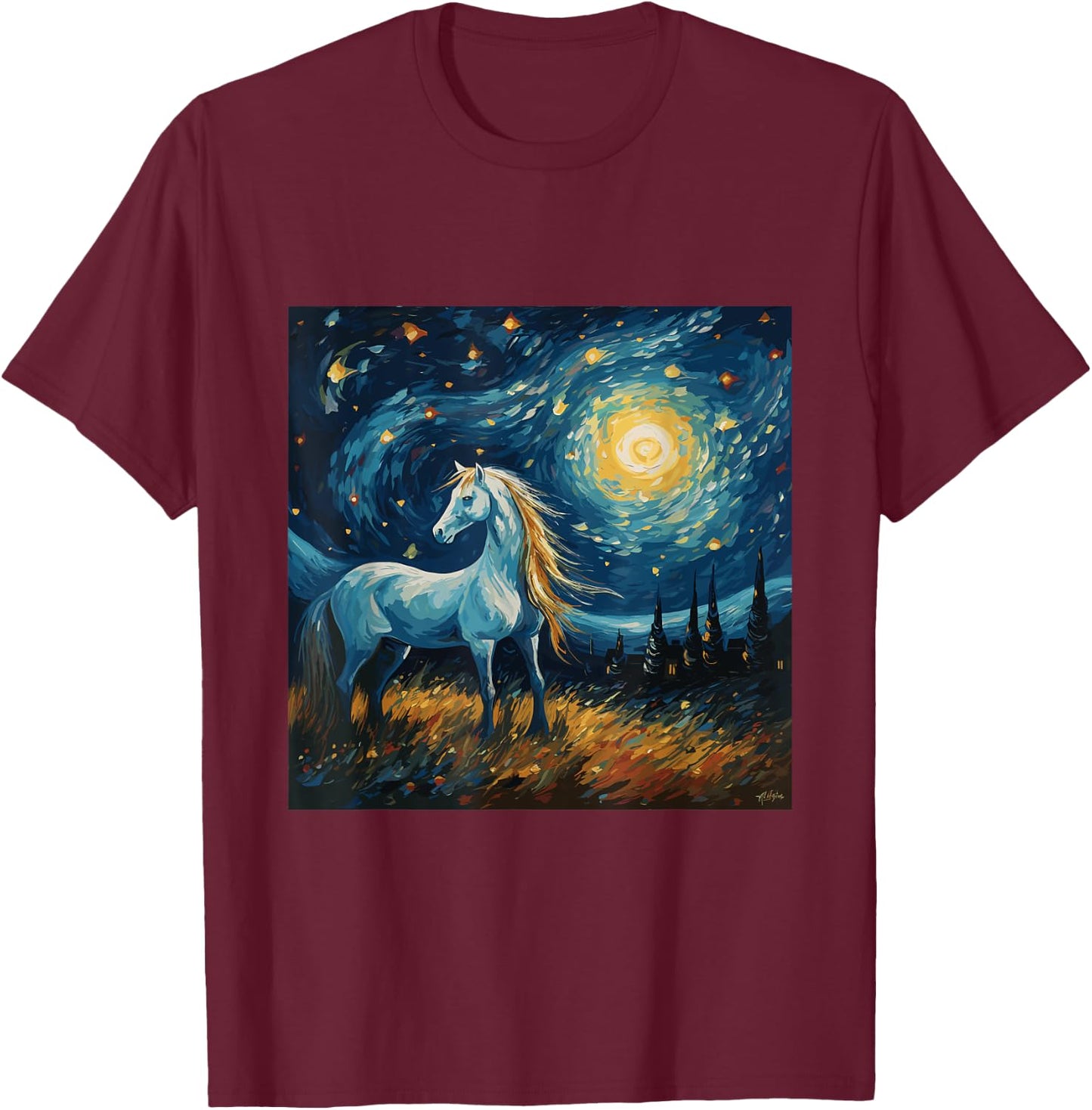 Horse in Starry Night Van Gogh inspired Art for Horses Lover T-Shirt - T-Shirt | Maroon