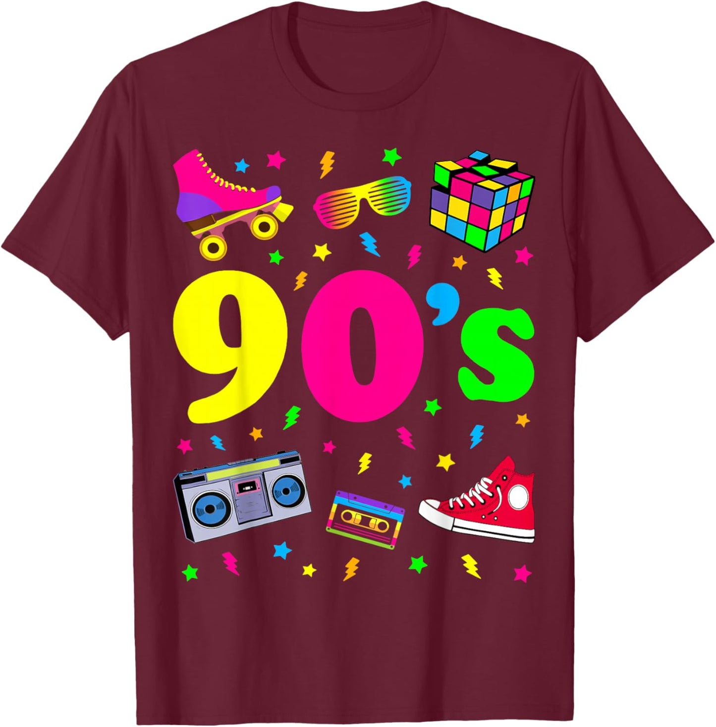 Retro Gifts Vintage 90s Costume Shirts - I Love The 90s - Women's Classic Fit Black Cartoon - Small T-Shirt - T-Shirt | Maroon