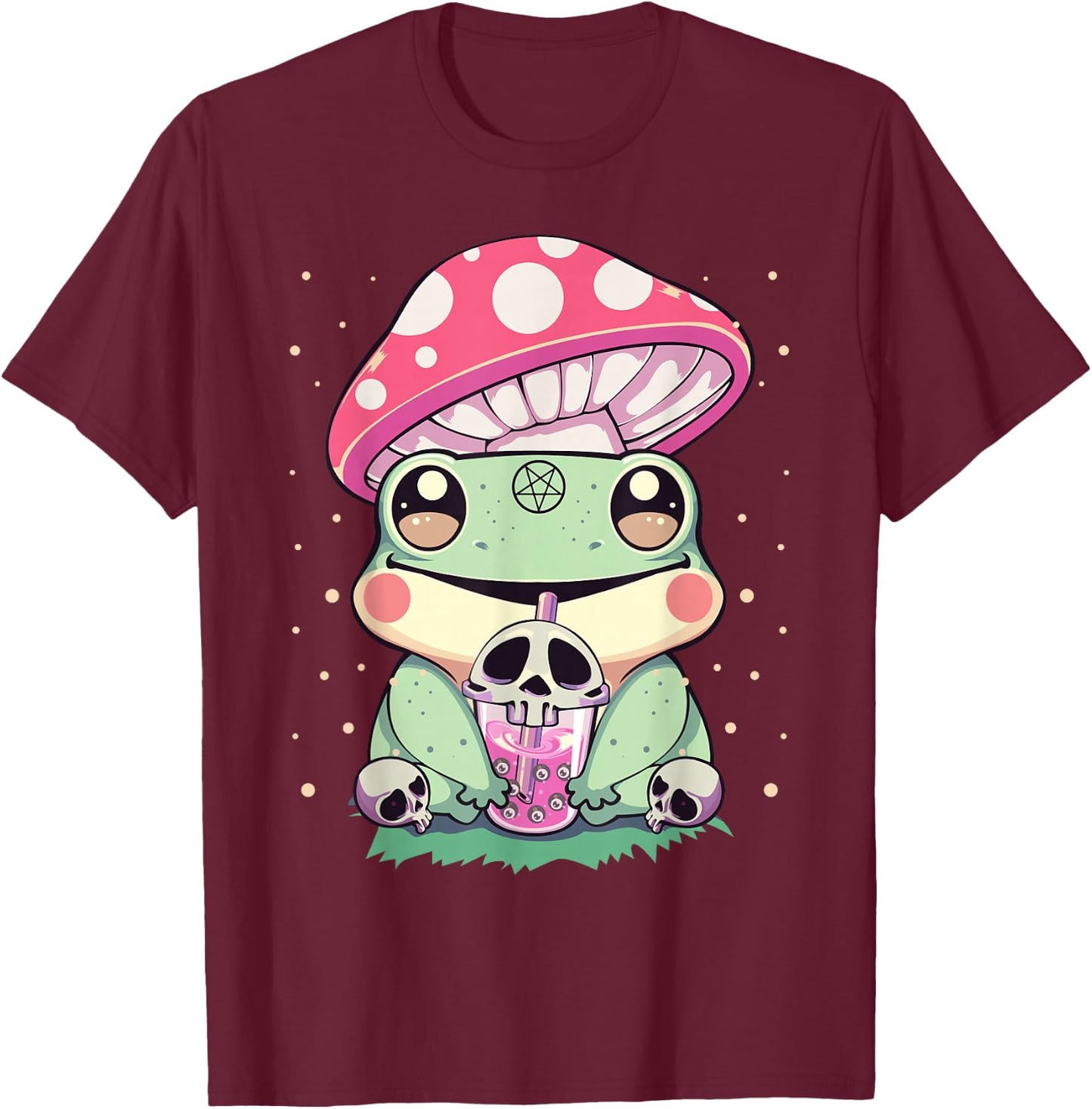 Pastel Goth Kawaii Frog Boba Tea and Mushroom Frog T-Shirt - T-Shirt | Maroon