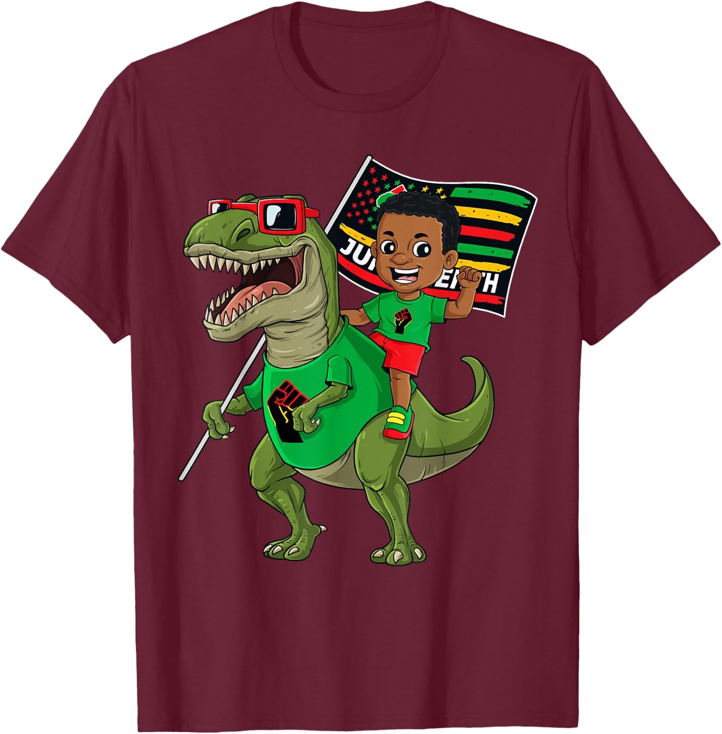 Juneteenth Black King Riding T Rex Dino Funny Boys Kids Flag T-Shirt - T-Shirt | Maroon