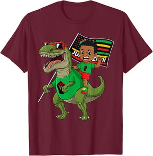 Juneteenth Black King Riding T Rex Dino Funny Boys Kids Flag T-Shirt - T-Shirt | Maroon