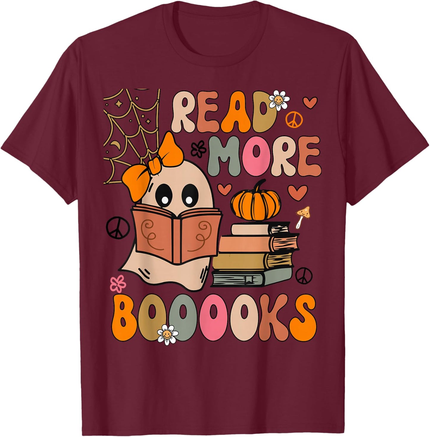 Cute Booooks Ghost Read More Books Funny Teacher Halloween T-Shirt - T-Shirt | Maroon