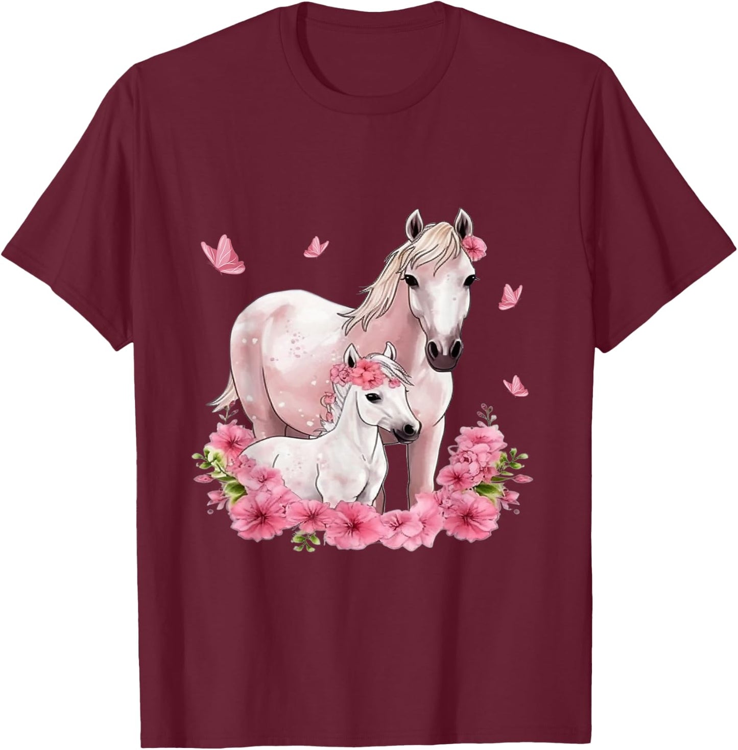 Horse with Foal - Flowers and Butterflies T-Shirt - T-Shirt | Maroon