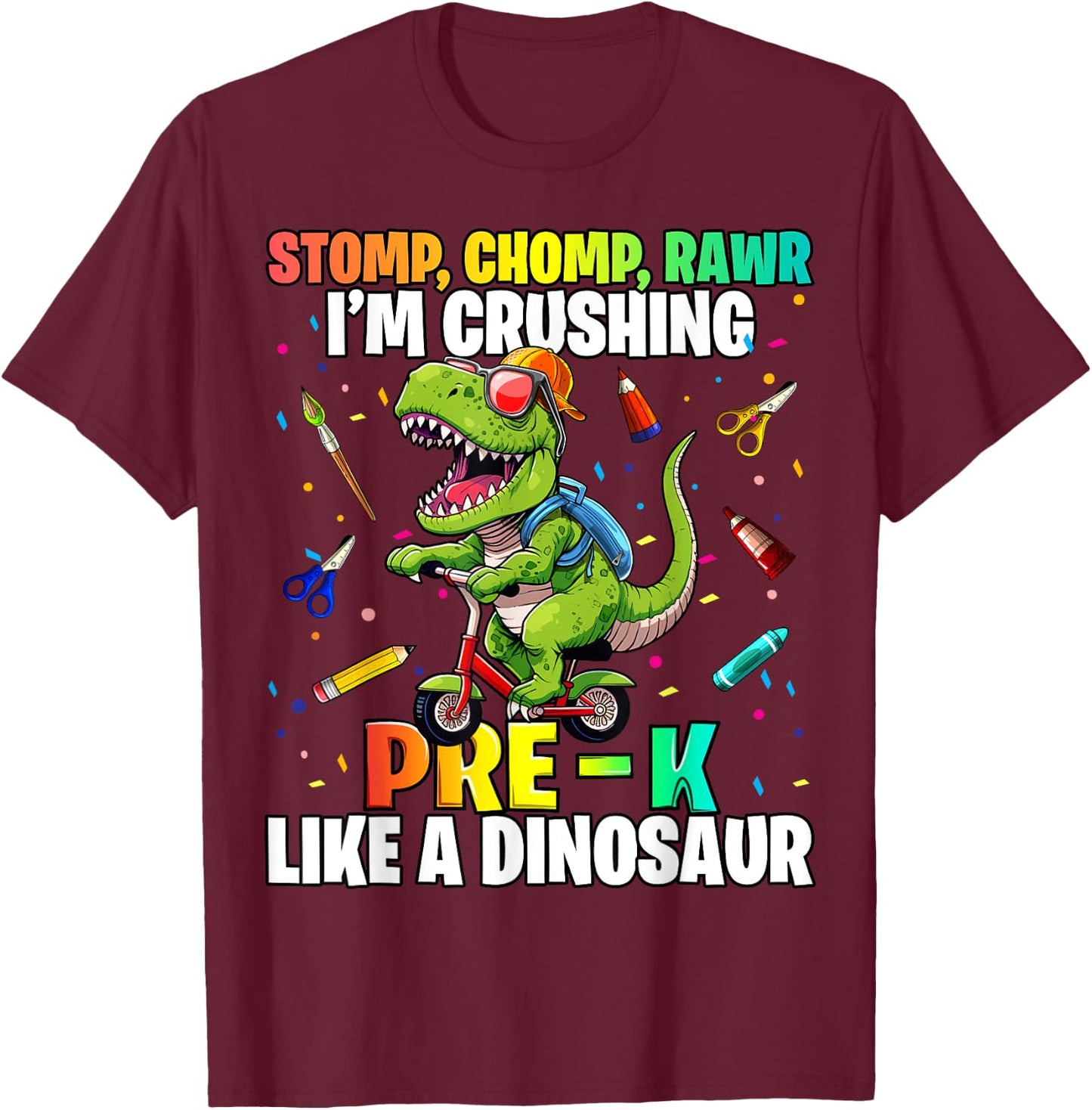 Dinosaur Pre-K Back to School First Day of School Boys T-Shirt - T-Shirt | Maroon