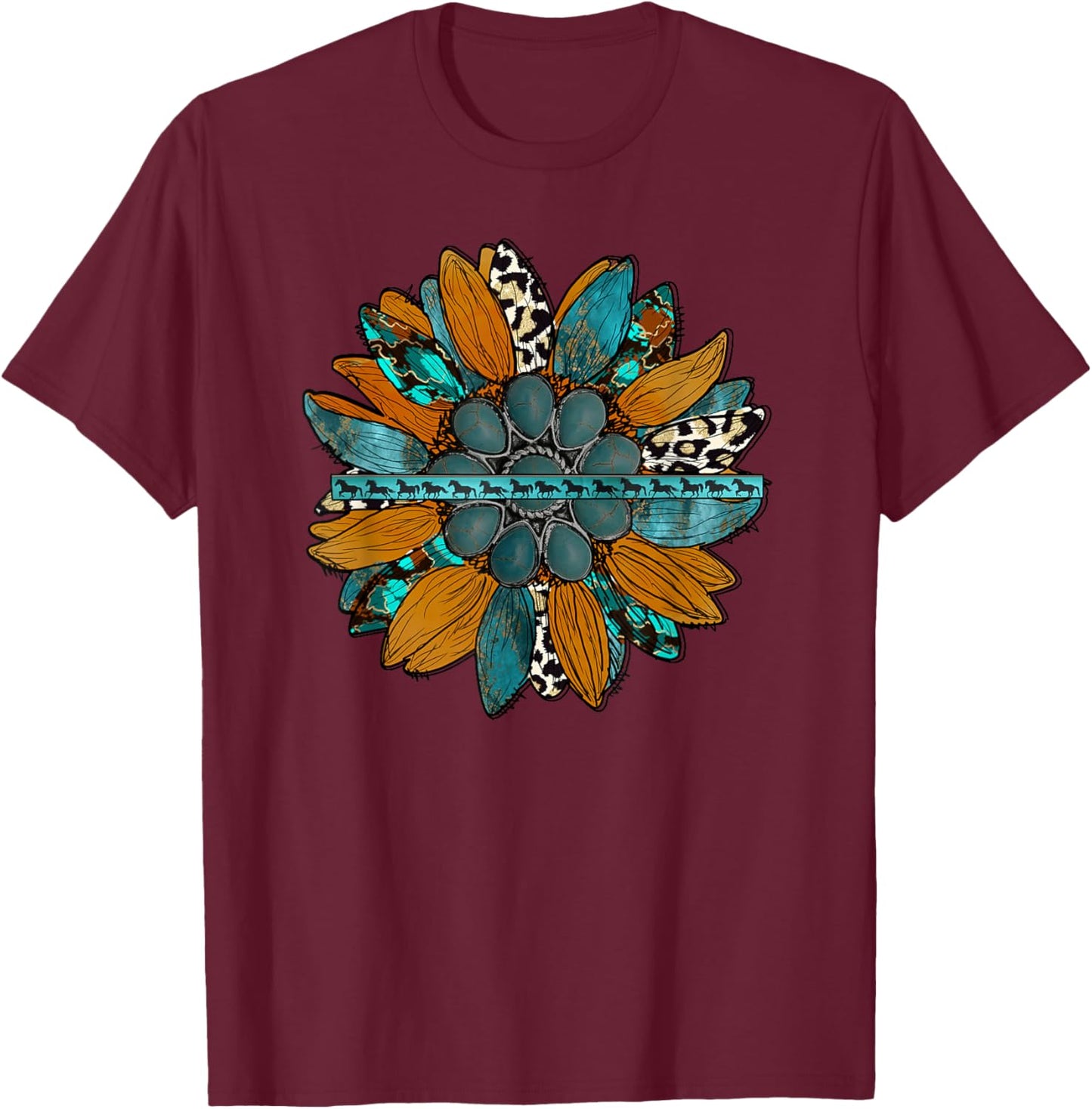 Country Western Sunflower Earth Tones Cowhide Teal T-Shirt - T-Shirt | Maroon