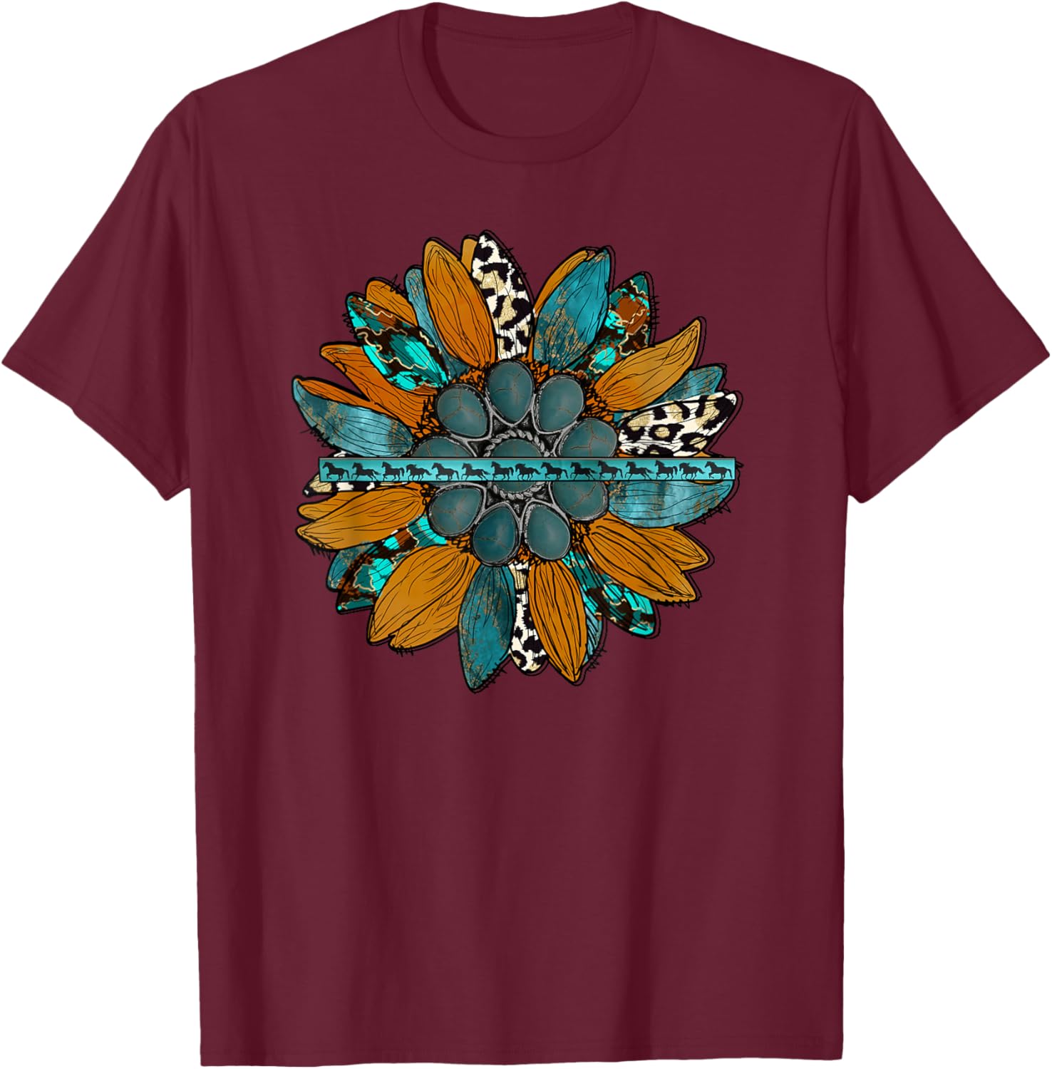 Country Western Sunflower Earth Tones Cowhide Teal T-Shirt - T-Shirt | Maroon