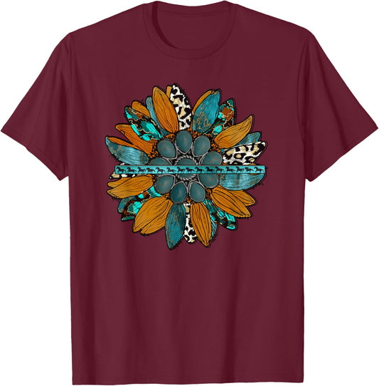 Country Western Sunflower Earth Tones Cowhide Teal T-Shirt - T-Shirt | Maroon