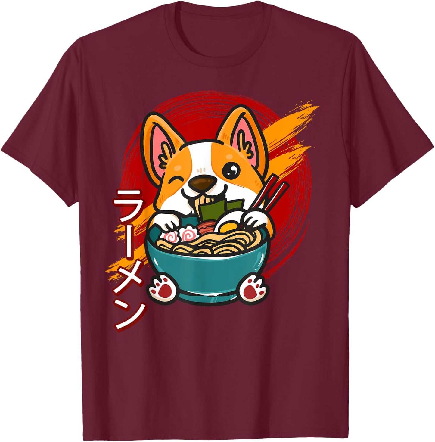 Corgi Eating Ramen Cute Kawaii Dog Japanese Noodles Japan T-Shirt - T-Shirt | Maroon