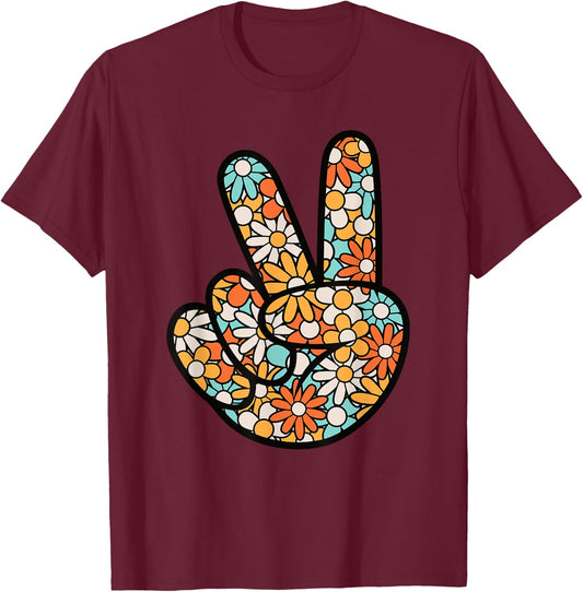Peace Hand Sign Hippie Flower Groovy 60s 70s Party Outfit T-Shirt - T-Shirt | Maroon