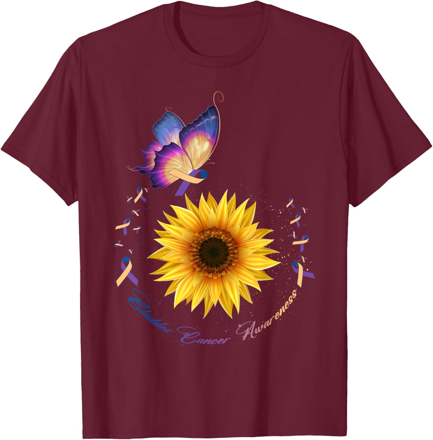 Butterfly & Sunflower Bladder Cancer Awareness Month Warrior T-Shirt - T-Shirt | Maroon