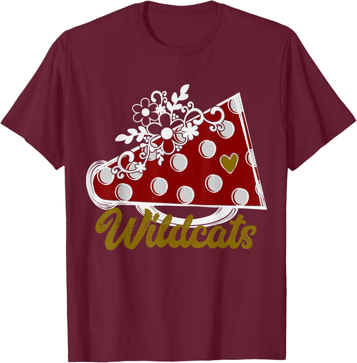 Cheer WILDCATS Shirt, Maroon Megaphone Heart Flower Accent T-Shirt - T-Shirt | Maroon
