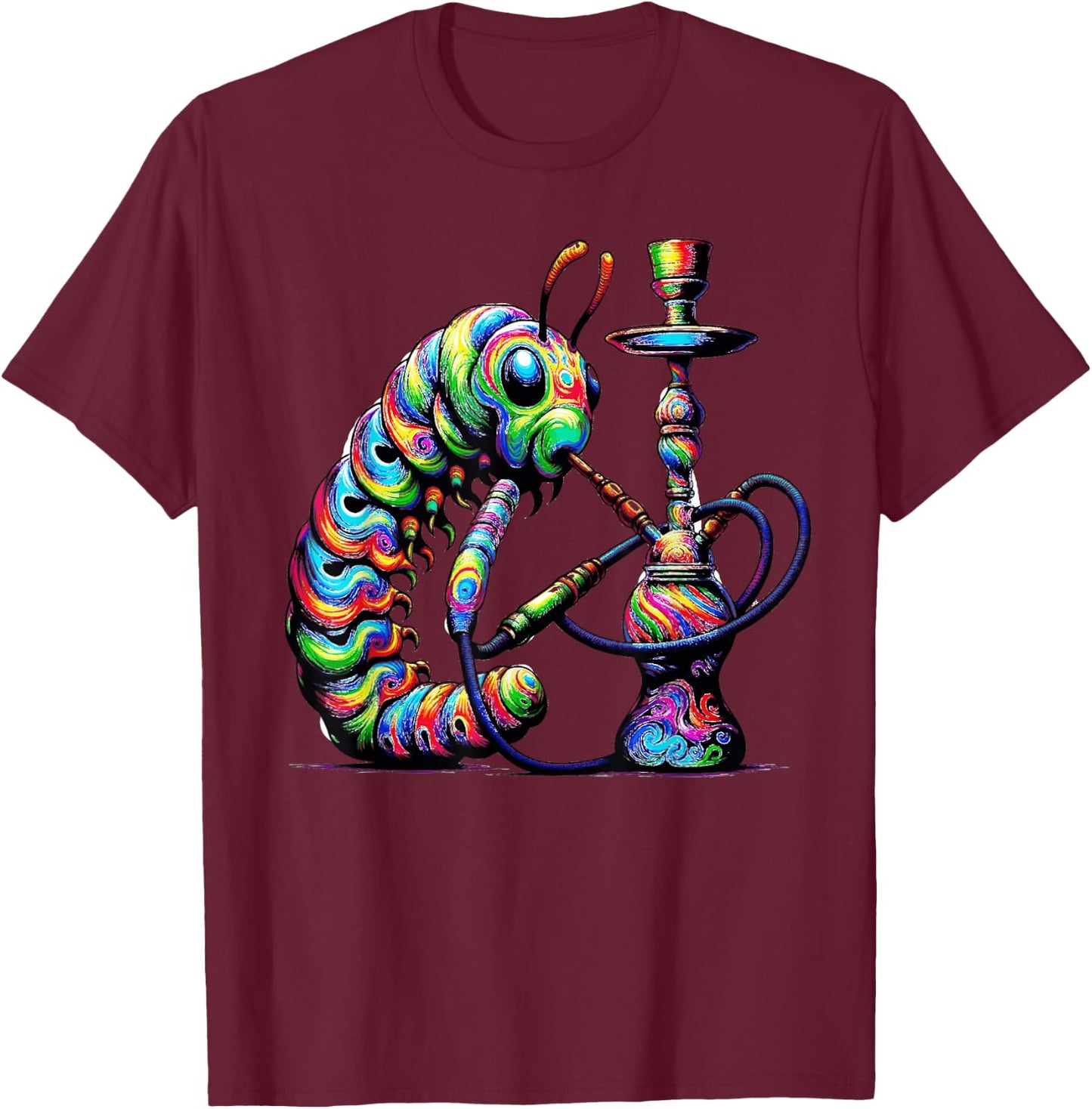 Hookah Smoking Caterpillar Trippy T-Shirt - T-Shirt | Maroon