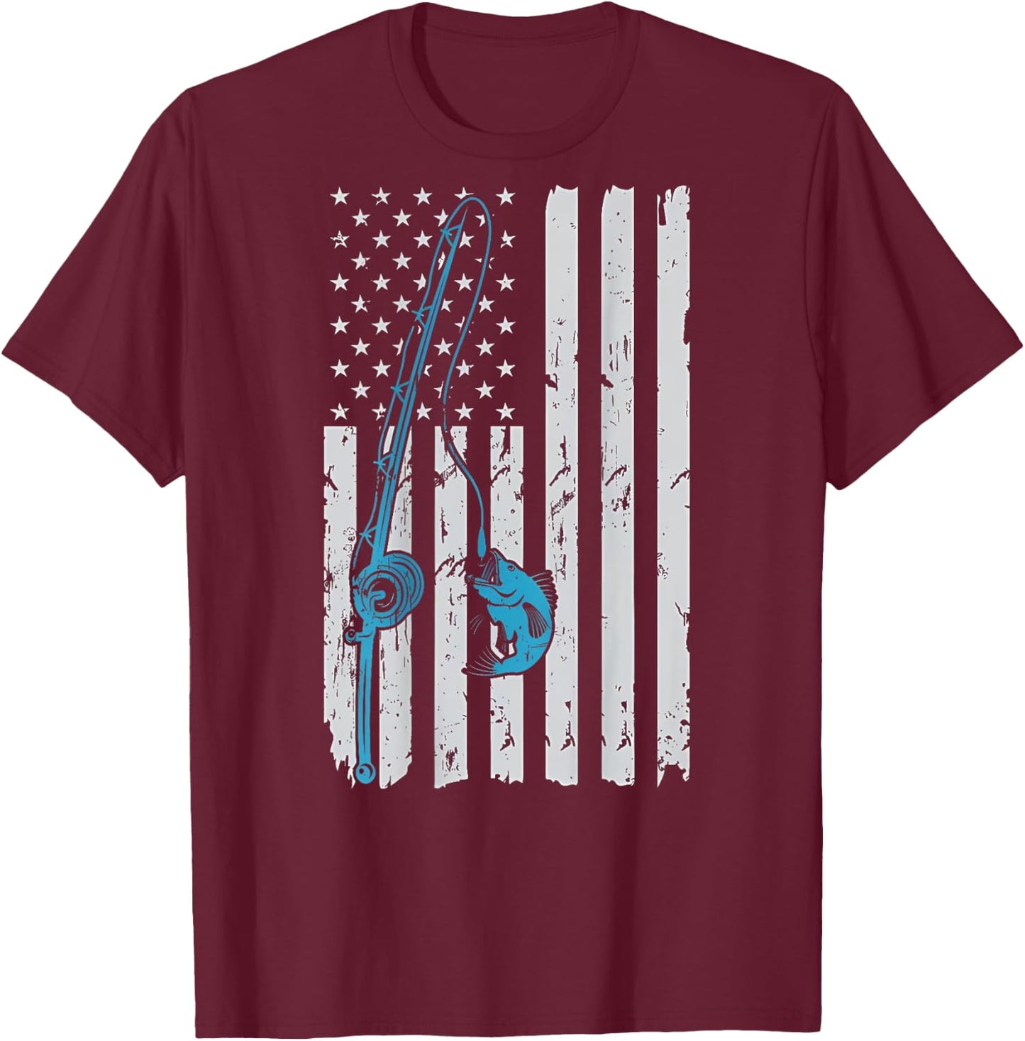 Vintage American Flag Fishing Fisherman Patriotic (ON BACK) T-Shirt - T-Shirt | Maroon