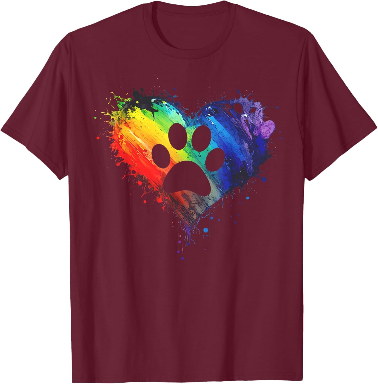 Rainbow Pawprint - Dog paw Print Design with Colorful Heart T-Shirt - T-Shirt | Maroon
