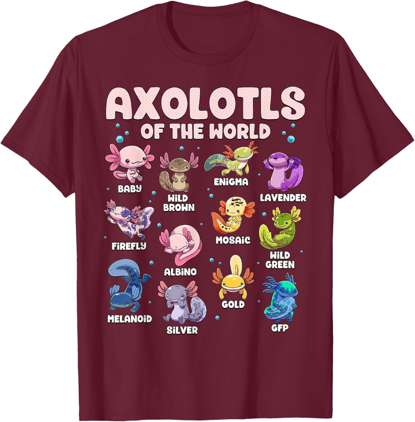 Axolotl Shirt Kawaii Axolotls Of The World Types Of Axolotls T-Shirt - T-Shirt | Maroon