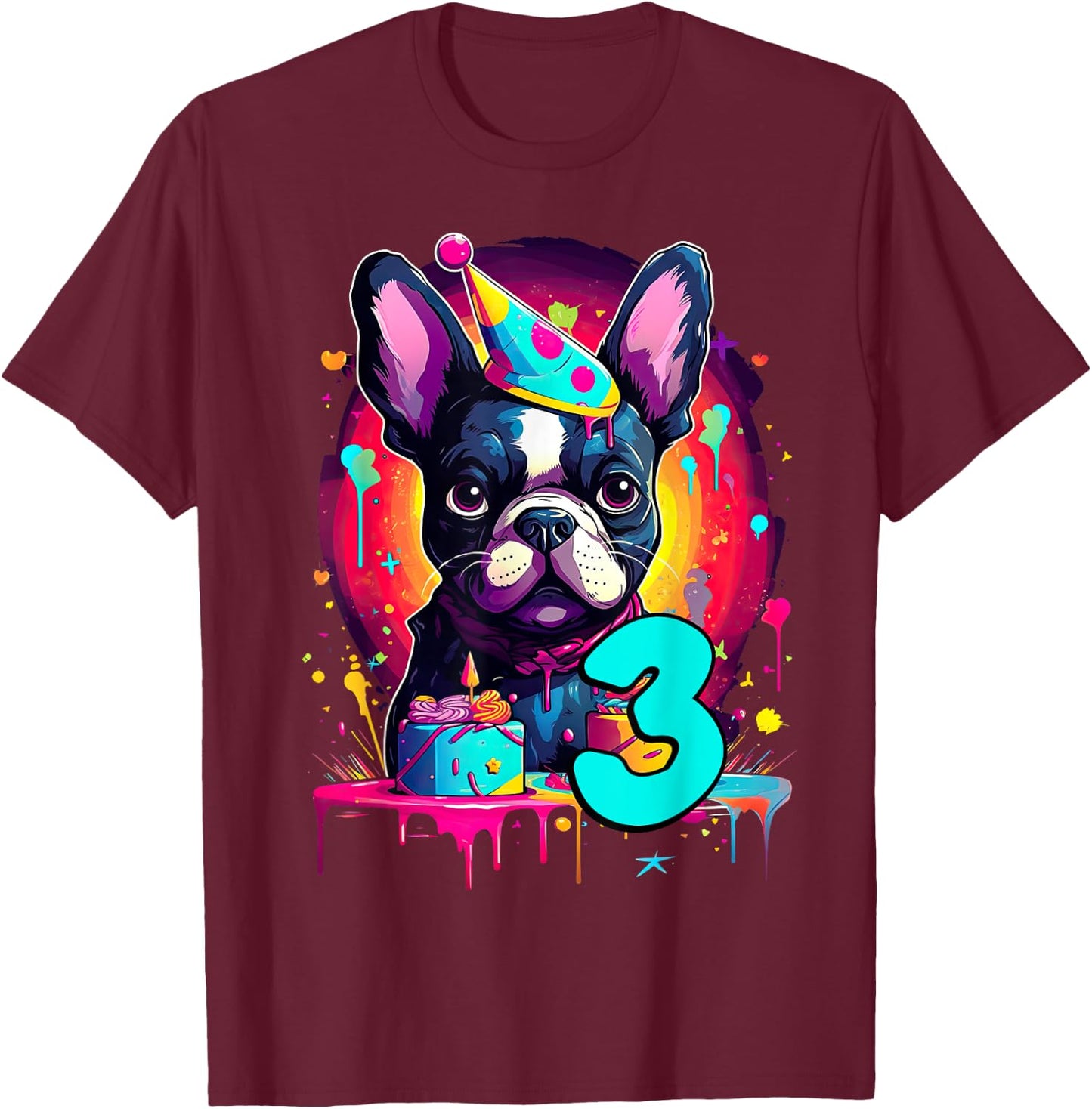 French Bulldog Dog 3rd Birthday Themed Party 3 Years Old Men Women Kids T-Shirt - T-Shirt | Maroon