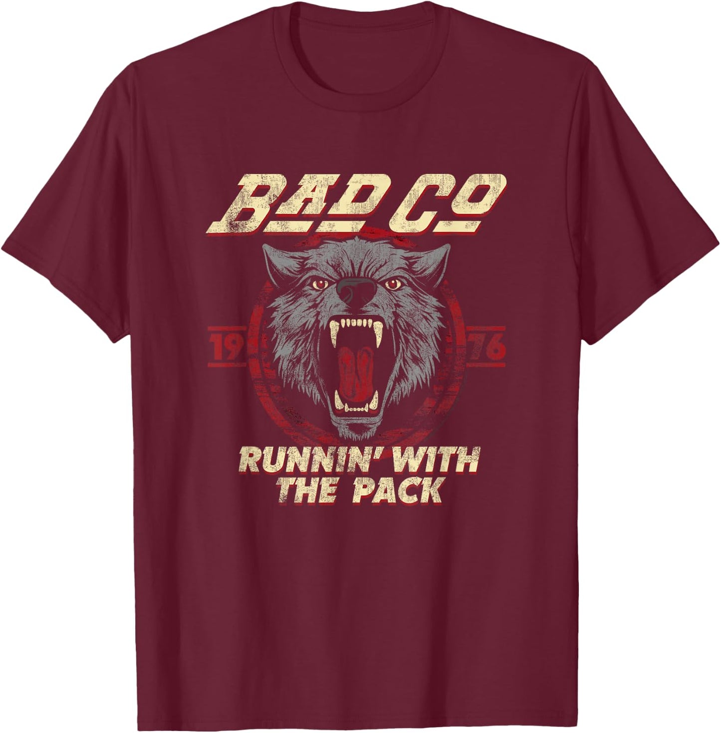 Bad Company Runnin' With the Pack Wolf Head 1976 T-Shirt - T-Shirt | Maroon