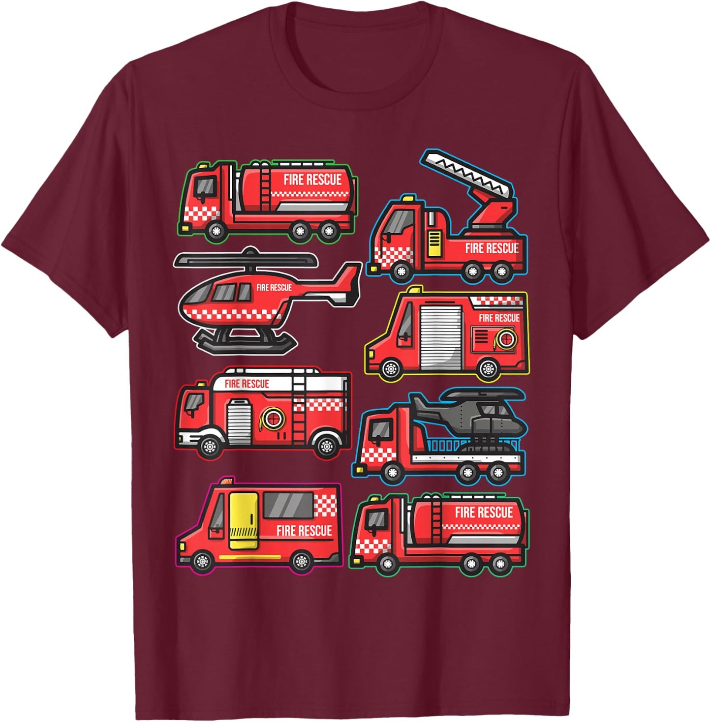Types of Fire Truck Boys Toddlers Firefighter Trucks T-Shirt - T-Shirt | Maroon
