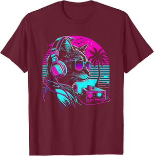 House DJ Cat 80s 90s Kitten Sunset Rainbow DJ Cat Kitty T-Shirt - T-Shirt | Maroon