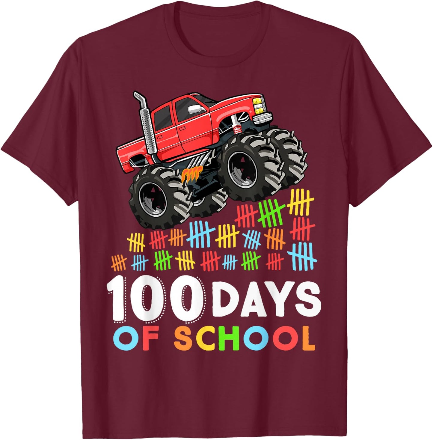 100 Days of School Monster Truck 100th Day of School Boys T-Shirt - T-Shirt | Maroon