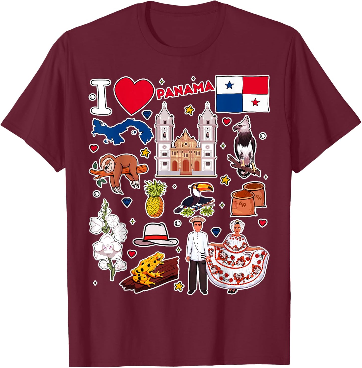 Panamanian hand drawn symbols, Panama map, cultural icons T-Shirt - T-Shirt | Maroon